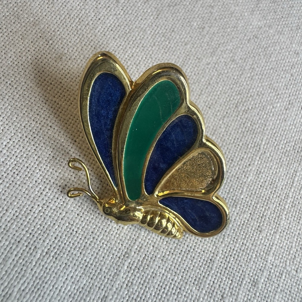Vintage Butterfly Brooch Pin ~ Gold Tone Blue And Green